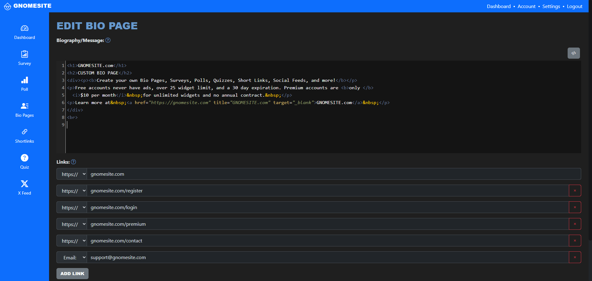 GNOMESITE Dashboard - Source Code Editor View