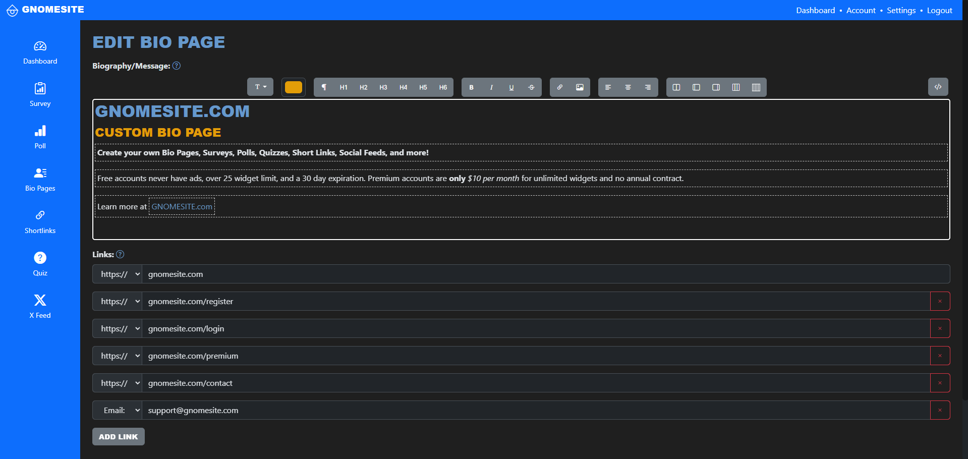 GNOMESITE Dashboard - Custom WYSIWYG HTML Editor