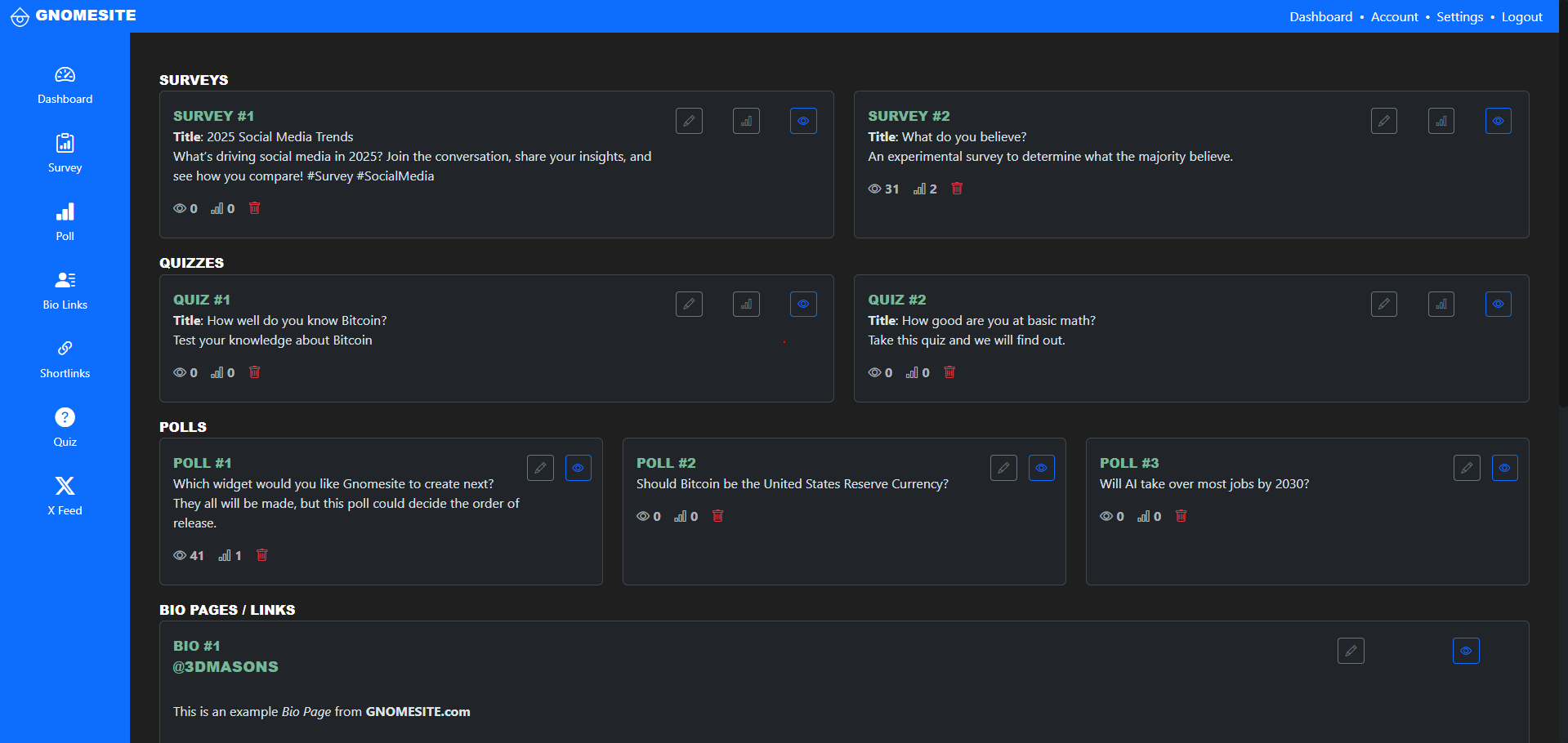 GNOMESITE Dashboard - Manage all of your widgets from the Dashboard